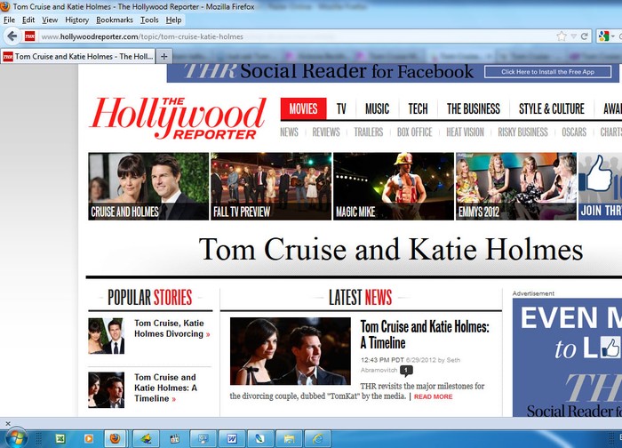 Trang the Hollywoodreporter cũng đưa tin Tom Cruise và Katie Holmes chia tay ở trang nhất